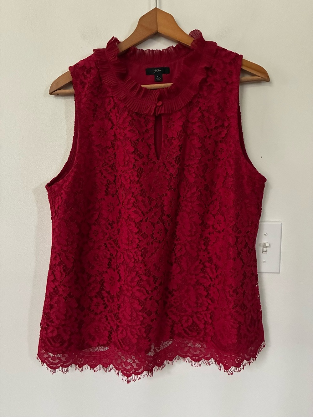J. Crew Lace Ruffle Neck Top Blouse Red